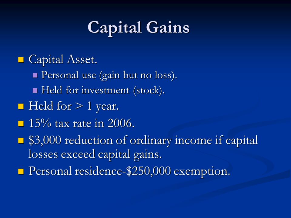 Capital Gains Capital Asset. Capital Asset. Personal use (gain but no loss).