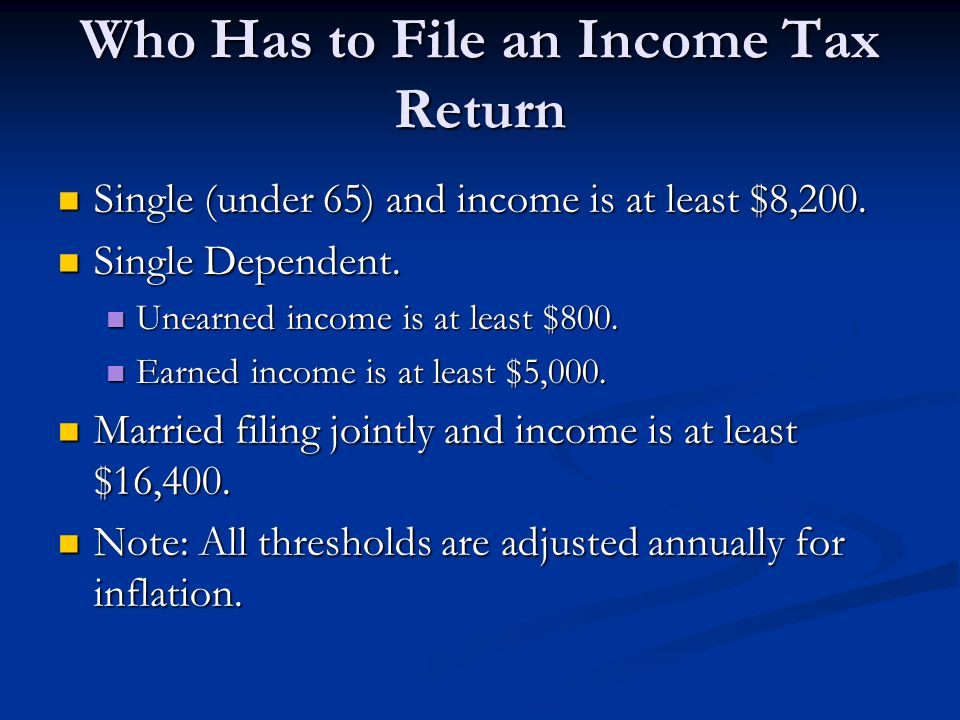 Who Has to File an Income Tax Return Single (under 65) and income is at least $8,200.
