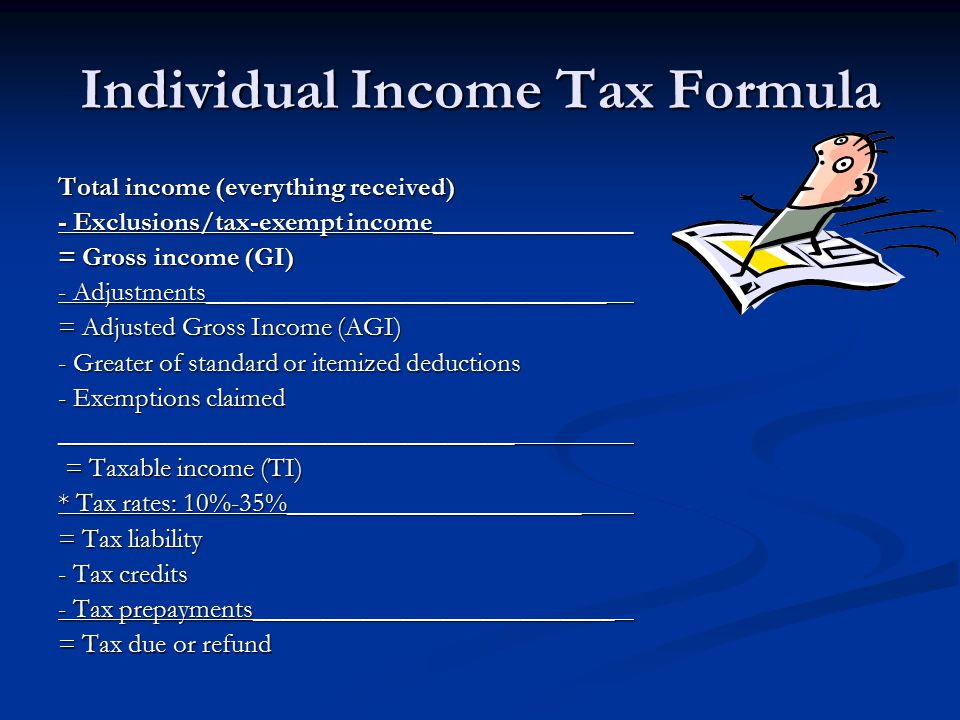 Individual Income Tax Formula Total income (everything received) - Exclusions/tax-exempt income_______________ = Gross income (GI) - Adjustments______________________________ = Adjusted Gross Income (AGI) - Greater of standard or itemized deductions - Exemptions claimed __________________________________ = Taxable income (TI) = Taxable income (TI) * Tax rates: 10%-35%______________________ = Tax liability - Tax credits - Tax prepayments___________________________ = Tax due or refund