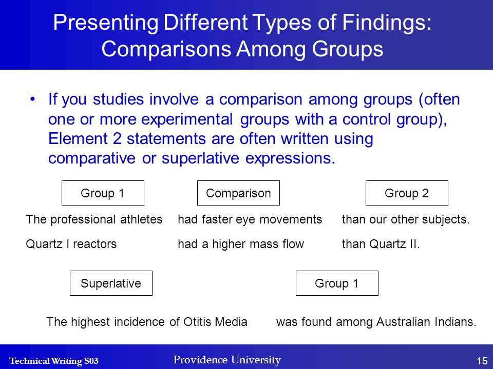 Technical Writing S03 Providence University 15 Presenting Different Types of Findings: Comparisons Among Groups If you studies involve a comparison among groups (often one or more experimental groups with a control group), Element 2 statements are often written using comparative or superlative expressions.