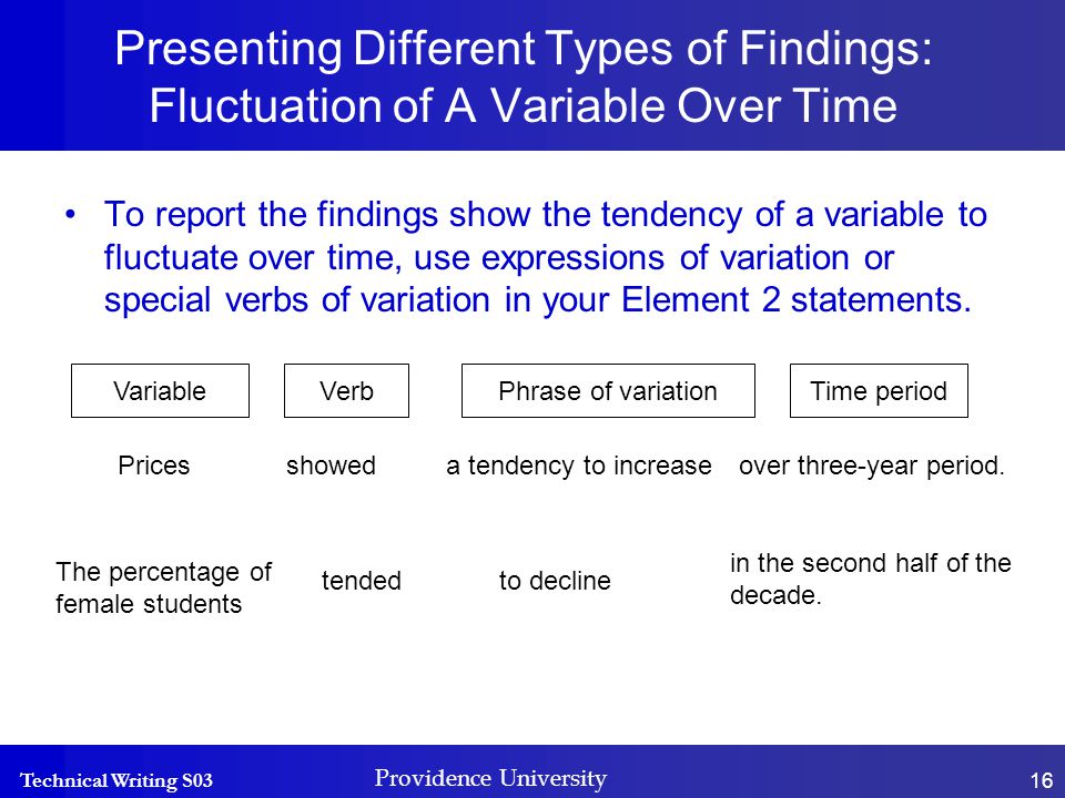 Technical Writing S03 Providence University 16 Presenting Different Types of Findings: Fluctuation of A Variable Over Time To report the findings show the tendency of a variable to fluctuate over time, use expressions of variation or special verbs of variation in your Element 2 statements.