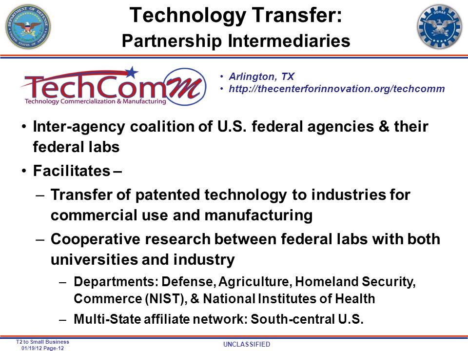 UNCLASSIFIED T2 to Small Business 01/19/12 Page-12 Technology Transfer: Partnership Intermediaries Inter-agency coalition of U.S.