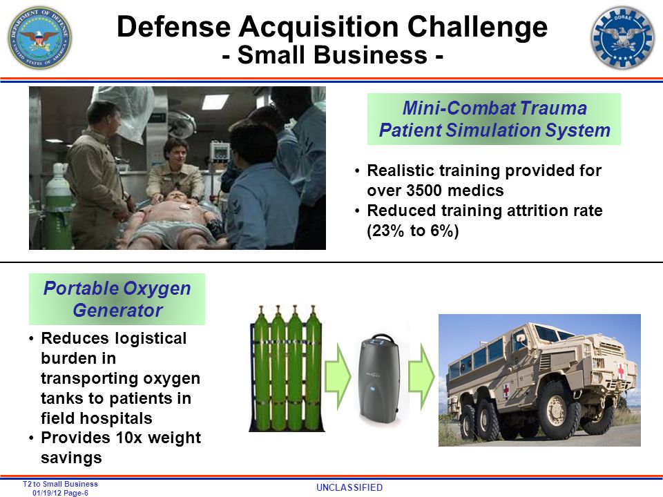 UNCLASSIFIED T2 to Small Business 01/19/12 Page-6 Defense Acquisition Challenge - Small Business - Portable Oxygen Generator Realistic training provided for over 3500 medics Reduced training attrition rate (23% to 6%) Reduces logistical burden in transporting oxygen tanks to patients in field hospitals Provides 10x weight savings Mini-Combat Trauma Patient Simulation System