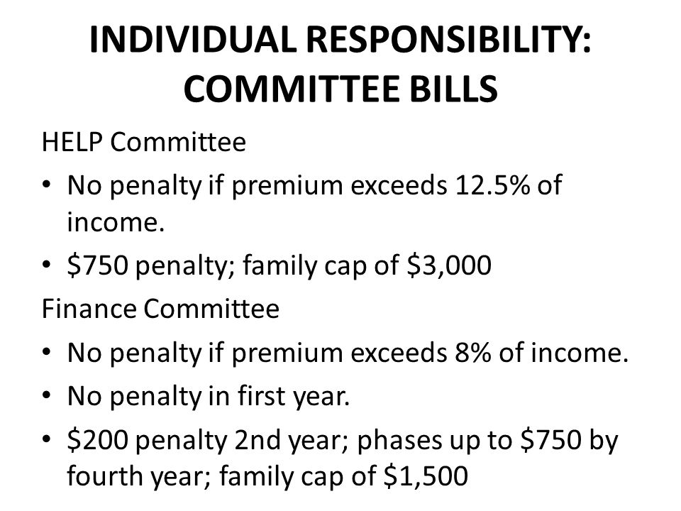 INDIVIDUAL RESPONSIBILITY: COMMITTEE BILLS HELP Committee No penalty if premium exceeds 12.5% of income.