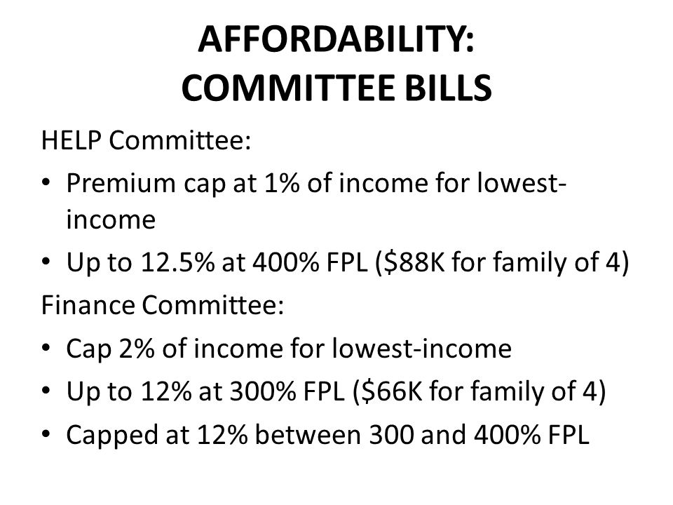 AFFORDABILITY: COMMITTEE BILLS HELP Committee: Premium cap at 1% of income for lowest- income Up to 12.5% at 400% FPL ($88K for family of 4) Finance Committee: Cap 2% of income for lowest-income Up to 12% at 300% FPL ($66K for family of 4) Capped at 12% between 300 and 400% FPL