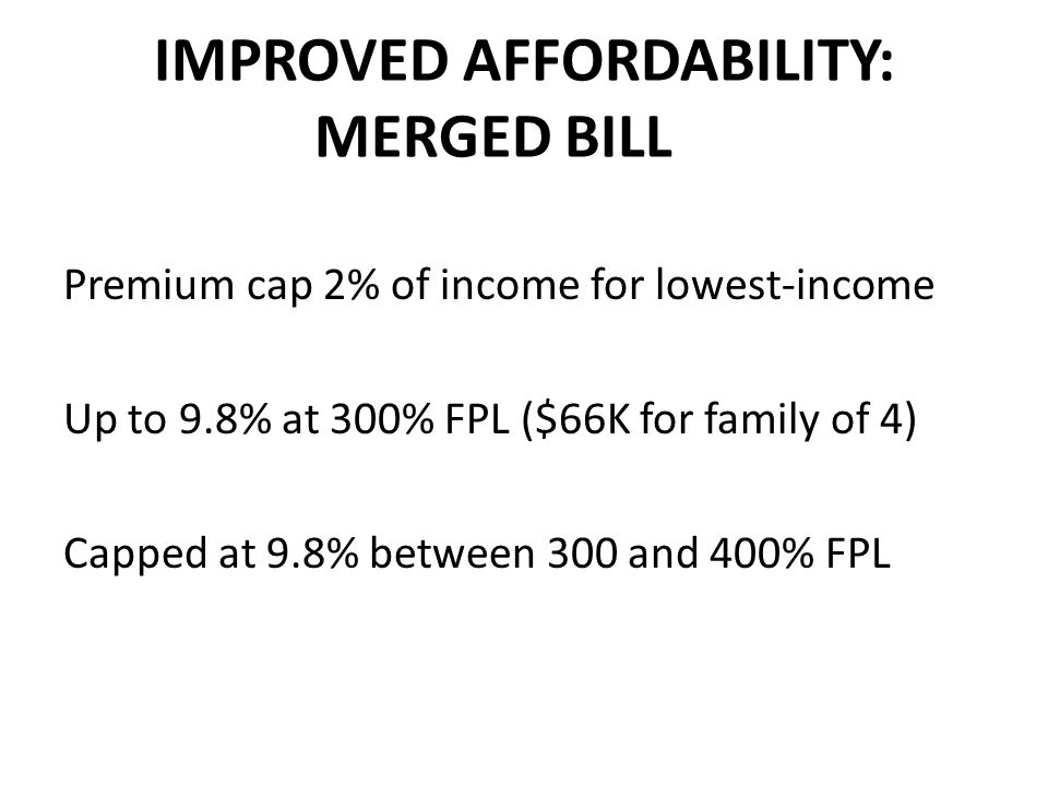 IMPROVED AFFORDABILITY: MERGED BILL Premium cap 2% of income for lowest-income Up to 9.8% at 300% FPL ($66K for family of 4) Capped at 9.8% between 300 and 400% FPL