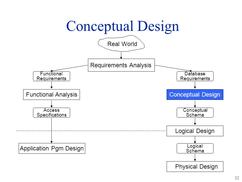 12 Conceptual Design Real World Requirements Analysis Database Requirements Conceptual Design Conceptual Schema Logical Design Physical Design Logical Schema Functional Requirements Functional Analysis Access Specifications Application Pgm Design