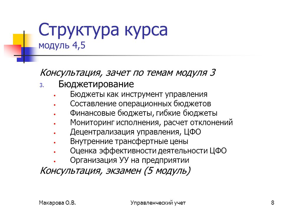 Курсу модуль. Управленческий учет гибкое бюджетирование. Инструменты управления гибким бюджетом. Модули курса.