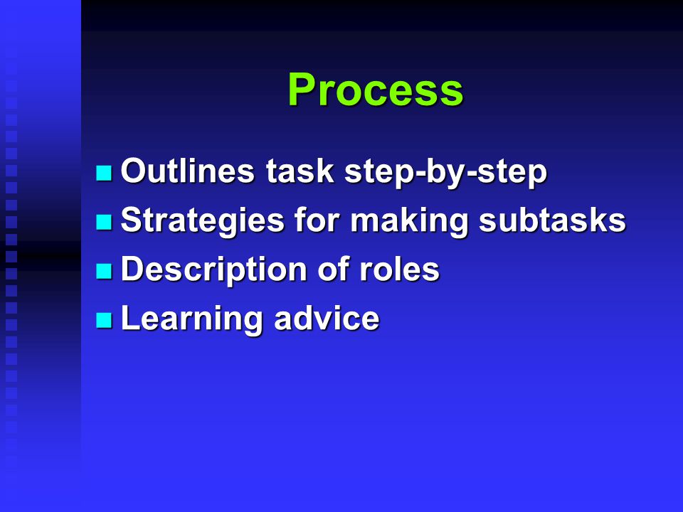 Process Outlines task step-by-step Outlines task step-by-step Strategies for making subtasks Strategies for making subtasks Description of roles Description of roles Learning advice Learning advice