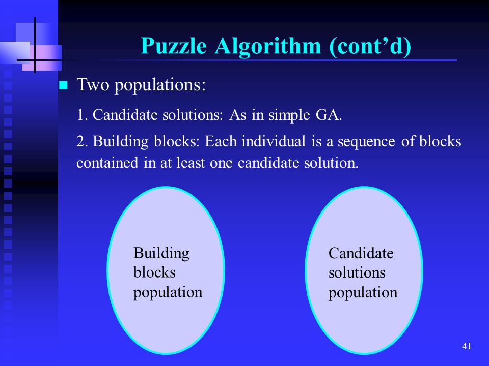 41 Puzzle Algorithm (cont’d) Two populations: 1. Candidate solutions: As in simple GA.