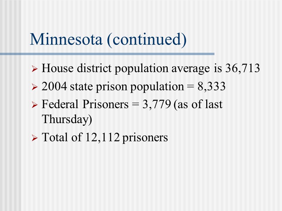 Minnesota (continued)  House district population average is 36,713  2004 state prison population = 8,333  Federal Prisoners = 3,779 (as of last Thursday)  Total of 12,112 prisoners