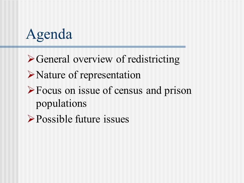 Agenda  General overview of redistricting  Nature of representation  Focus on issue of census and prison populations  Possible future issues