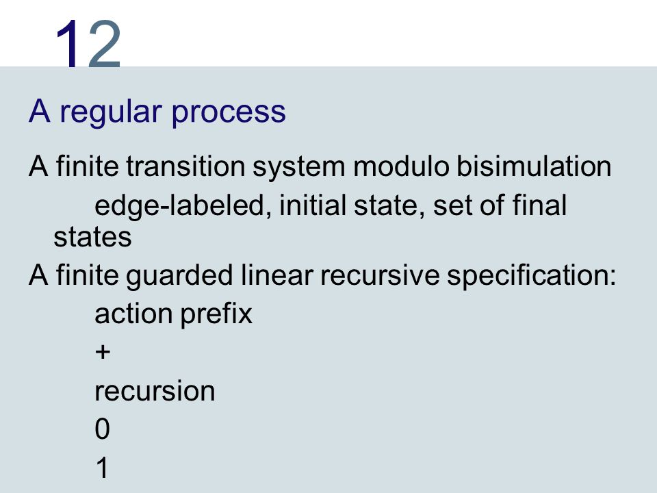 1212 A regular process A finite transition system modulo bisimulation edge-labeled, initial state, set of final states A finite guarded linear recursive specification: action prefix + recursion 0 1
