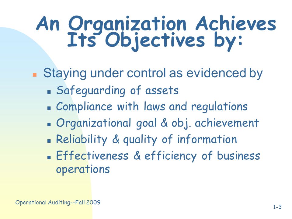Operational Auditing--Fall An Organization Achieves Its Objectives by: n Staying under control as evidenced by n Safeguarding of assets n Compliance with laws and regulations n Organizational goal & obj.