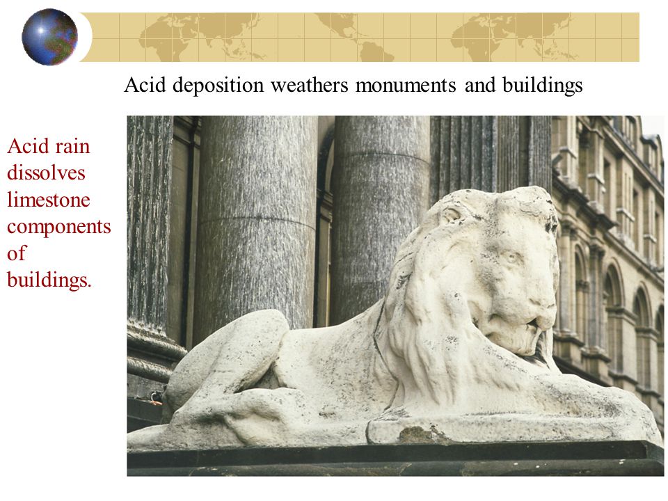 Acid deposition weathers monuments and buildings Acid rain dissolves limestone components of buildings.