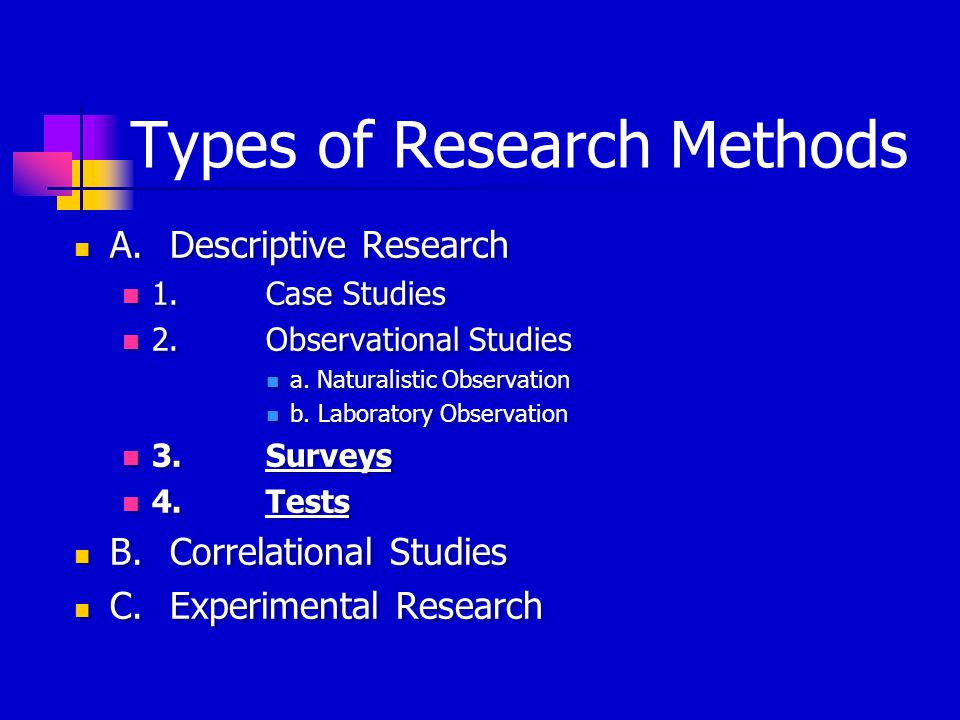 Types of Research Methods A.Descriptive Research 1.Case Studies 2.Observational Studies a.