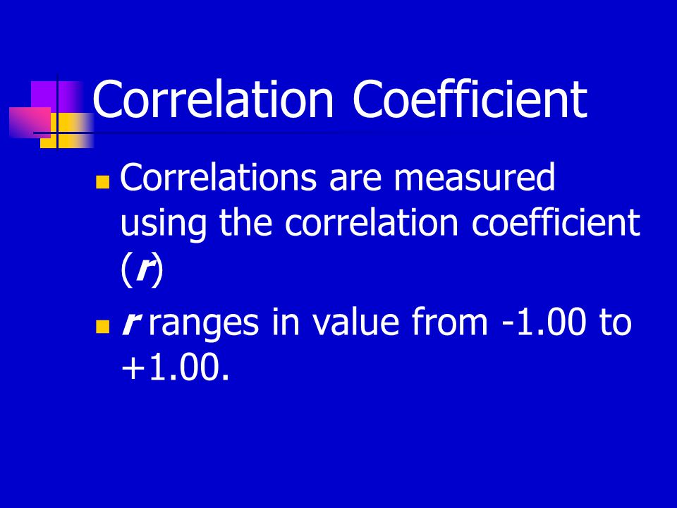Correlation Coefficient Correlations are measured using the correlation coefficient (r) r ranges in value from to