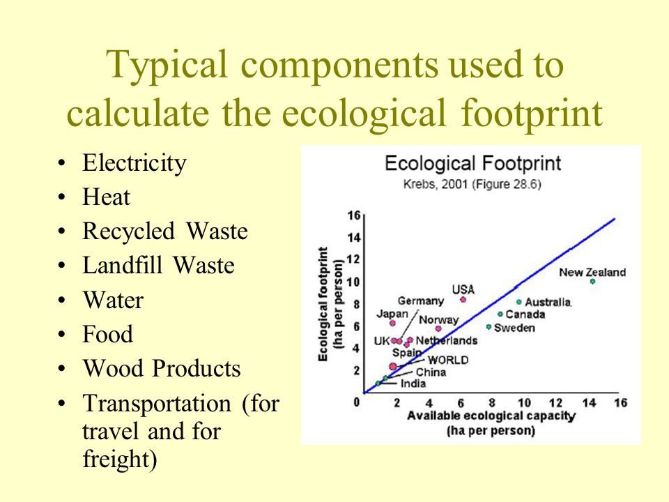 Typical components used to calculate the ecological footprint Electricity Heat Recycled Waste Landfill Waste Water Food Wood Products Transportation (for travel and for freight)