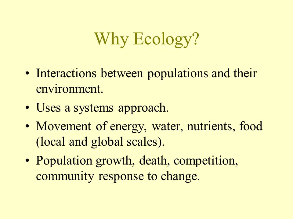 Why Ecology. Interactions between populations and their environment.