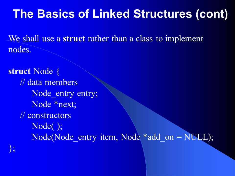 The Basics of Linked Structures (cont) We shall use a struct rather than a class to implement nodes.