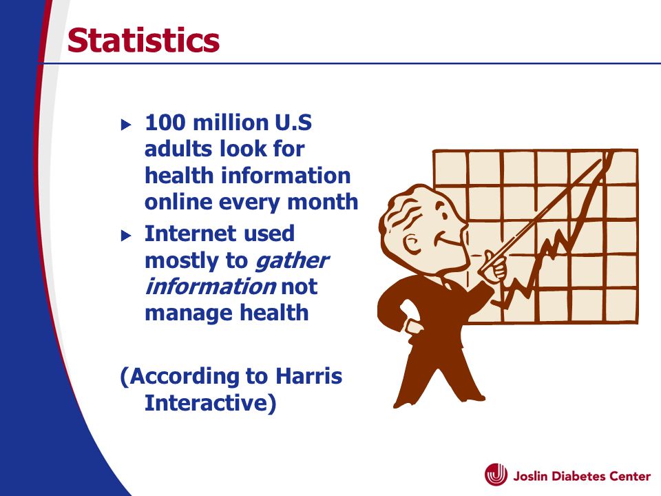 Statistics  100 million U.S adults look for health information online every month  Internet used mostly to gather information not manage health (According to Harris Interactive)