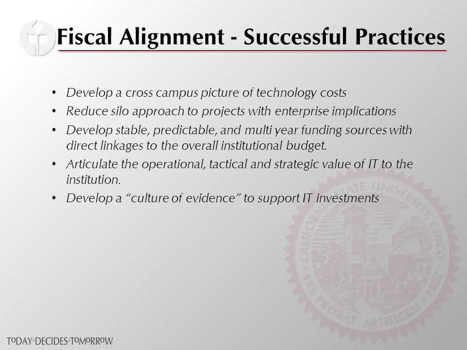 Fiscal Alignment - Successful Practices Develop a cross campus picture of technology costs Reduce silo approach to projects with enterprise implications Develop stable, predictable, and multi year funding sources with direct linkages to the overall institutional budget.