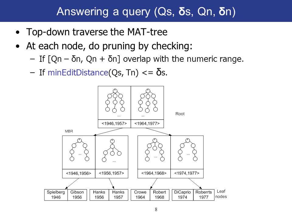 8 Answering a query (Qs, δs, Qn, δn) Top-down traverse the MAT-tree At each node, do pruning by checking: –If [Q n – δ n, Q n + δ n ] overlap with the numeric range.