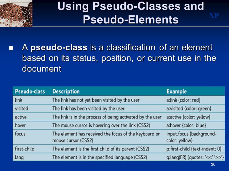 XP 30 Using Pseudo-Classes and Pseudo-Elements A pseudo-class is a classification of an element based on its status, position, or current use in the document A pseudo-class is a classification of an element based on its status, position, or current use in the document