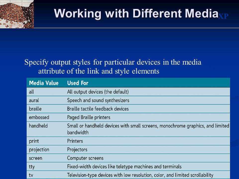 XP 35 Working with Different Media Specify output styles for particular devices in the media attribute of the link and style elements