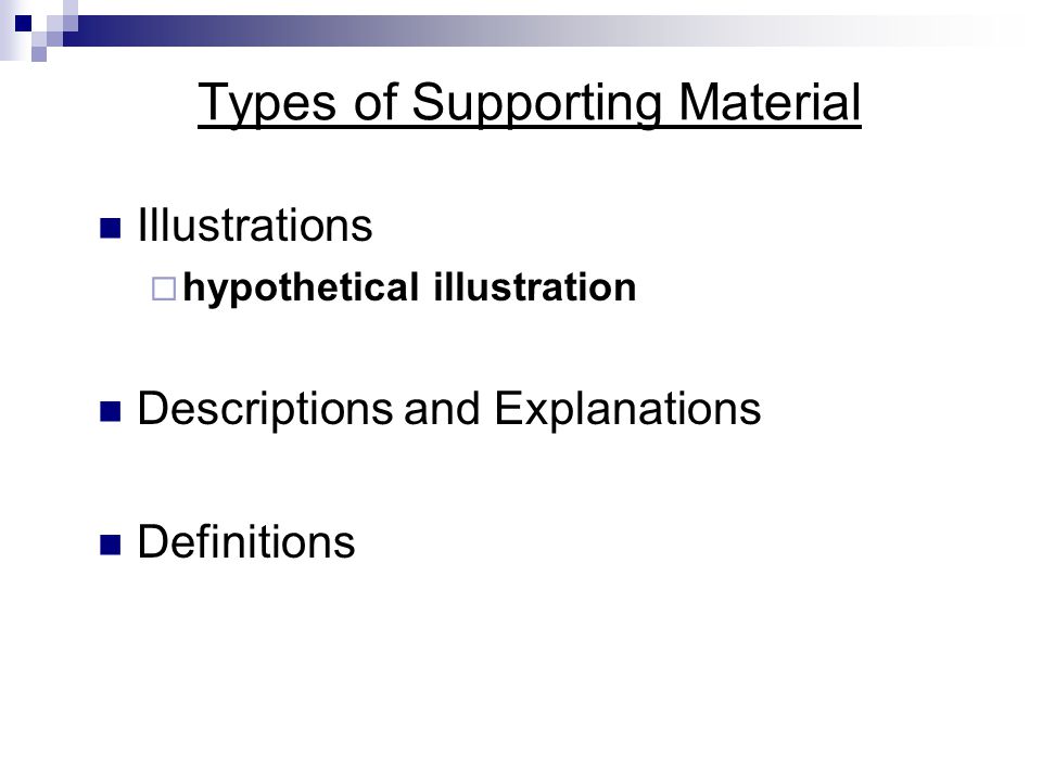 Types of Supporting Material Illustrations  hypothetical illustration Descriptions and Explanations Definitions Chapter 11: Developing Your Presentation