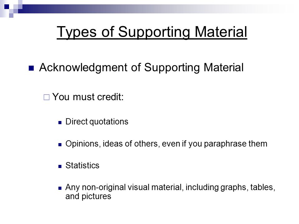Types of Supporting Material Acknowledgment of Supporting Material  You must credit: Direct quotations Opinions, ideas of others, even if you paraphrase them Statistics Any non-original visual material, including graphs, tables, and pictures Chapter 11: Developing Your Presentation