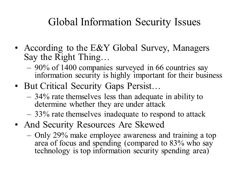 Global Information Security Issues According to the E&Y Global Survey, Managers Say the Right Thing… –90% of 1400 companies surveyed in 66 countries say information security is highly important for their business But Critical Security Gaps Persist… –34% rate themselves less than adequate in ability to determine whether they are under attack –33% rate themselves inadequate to respond to attack And Security Resources Are Skewed –Only 29% make employee awareness and training a top area of focus and spending (compared to 83% who say technology is top information security spending area)
