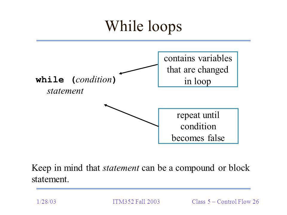 1/28/03ITM352 Fall 2003 Class 5 – Control Flow 26 While loops while ( condition ) statement contains variables that are changed in loop repeat until condition becomes false Keep in mind that statement can be a compound or block statement.