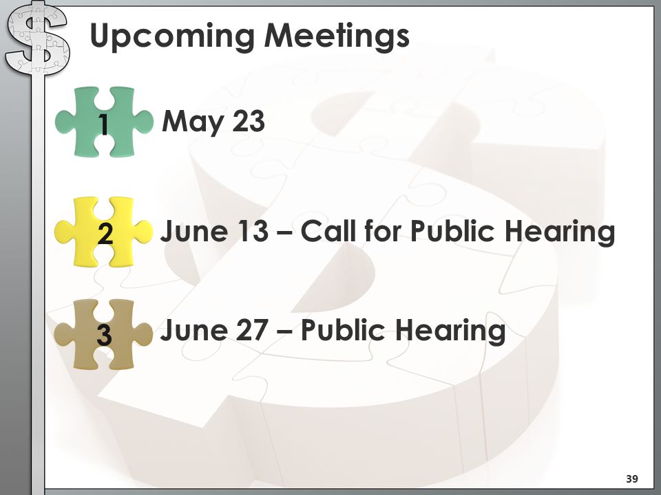 June 13 – Call for Public Hearing Upcoming Meetings May 23 June 27 – Public Hearing