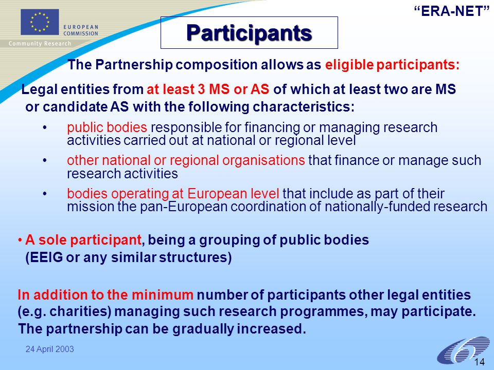 ERA-NET 24 April Participants The Partnership composition allows as eligible participants: Legal entities from at least 3 MS or AS of which at least two are MS or candidate AS with the following characteristics: public bodies responsible for financing or managing research activities carried out at national or regional level other national or regional organisations that finance or manage such research activities bodies operating at European level that include as part of their mission the pan-European coordination of nationally-funded research A sole participant, being a grouping of public bodies (EEIG or any similar structures) In addition to the minimum number of participants other legal entities (e.g.
