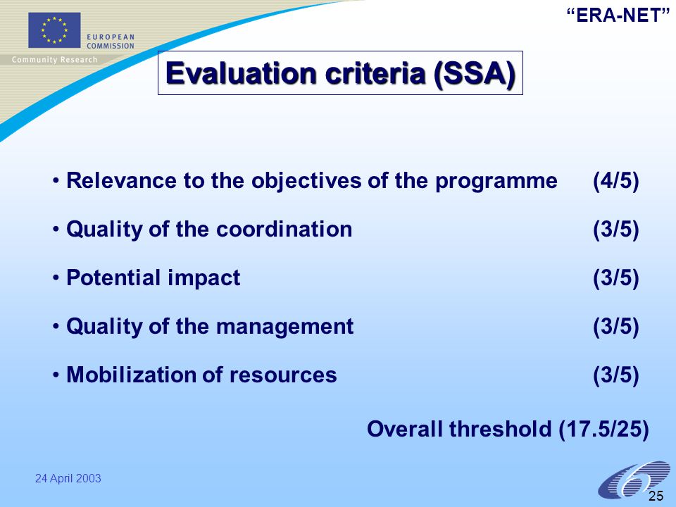 ERA-NET 24 April Relevance to the objectives of the programme (4/5) Quality of the coordination (3/5) Potential impact (3/5) Quality of the management (3/5) Mobilization of resources (3/5) Evaluation criteria (SSA) Overall threshold (17.5/25)