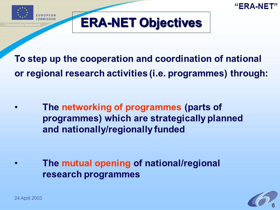 ERA-NET 24 April ERA-NET Objectives To step up the cooperation and coordination of national or regional research activities (i.e.