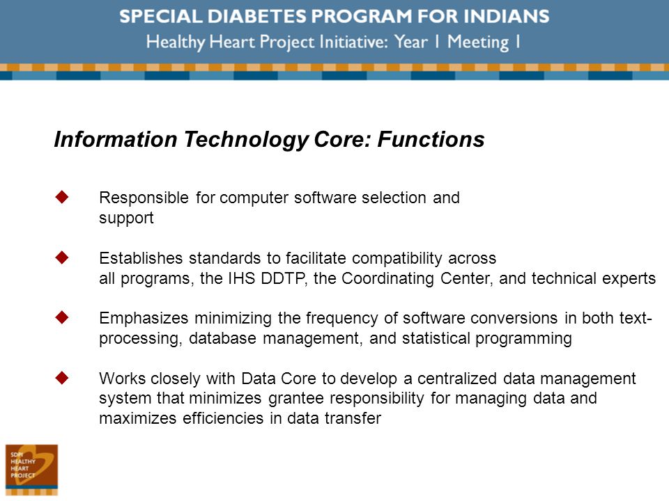Information Technology Core: Functions  Responsible for computer software selection and support  Establishes standards to facilitate compatibility across all programs, the IHS DDTP, the Coordinating Center, and technical experts  Emphasizes minimizing the frequency of software conversions in both text- processing, database management, and statistical programming  Works closely with Data Core to develop a centralized data management system that minimizes grantee responsibility for managing data and maximizes efficiencies in data transfer