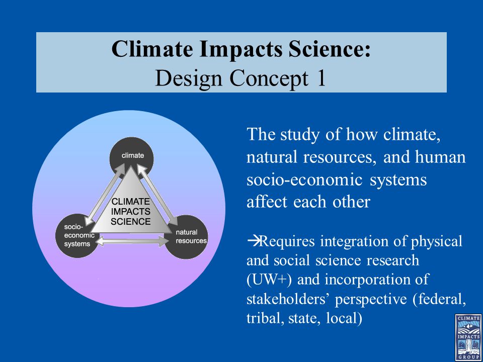 Climate Impacts Science: Design Concept 1 The study of how climate, natural resources, and human socio-economic systems affect each other  Requires integration of physical and social science research (UW+) and incorporation of stakeholders’ perspective (federal, tribal, state, local)