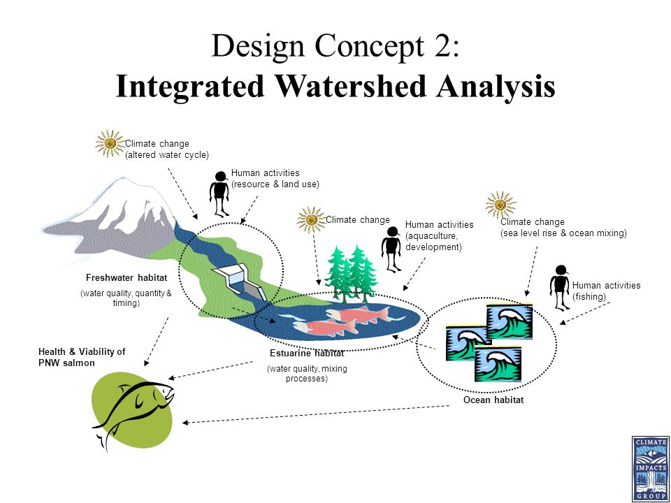 Human activities (fishing) Freshwater habitat (water quality, quantity & timing) Estuarine habitat (water quality, mixing processes) Ocean habitat Climate change (altered water cycle) Human activities (resource & land use) Human activities (aquaculture, development) Climate change (sea level rise & ocean mixing) Health & Viability of PNW salmon Design Concept 2: Integrated Watershed Analysis Climate change