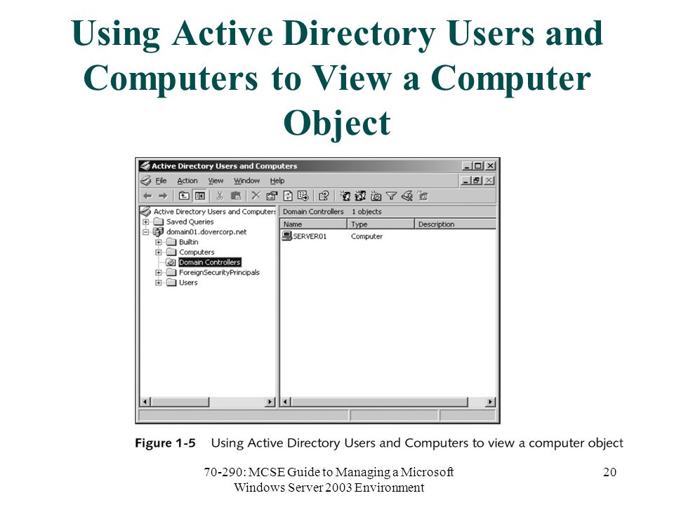 70-290: MCSE Guide to Managing a Microsoft Windows Server 2003 Environment 20 Using Active Directory Users and Computers to View a Computer Object