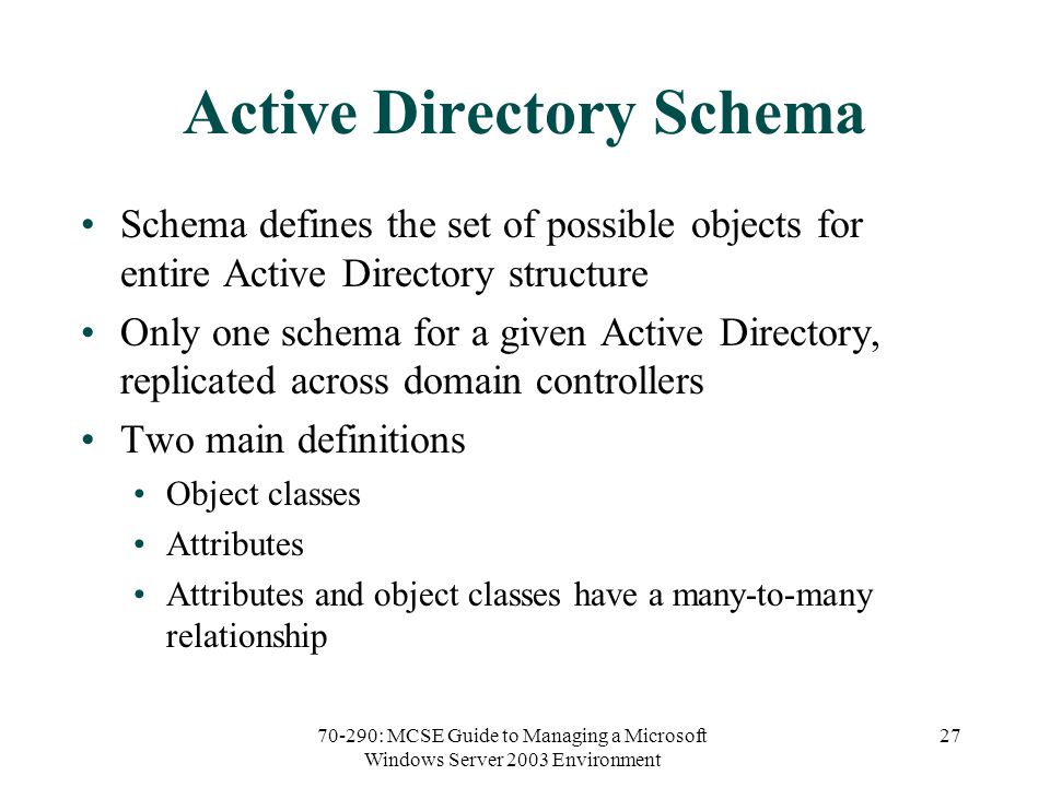 70-290: MCSE Guide to Managing a Microsoft Windows Server 2003 Environment 27 Active Directory Schema Schema defines the set of possible objects for entire Active Directory structure Only one schema for a given Active Directory, replicated across domain controllers Two main definitions Object classes Attributes Attributes and object classes have a many-to-many relationship