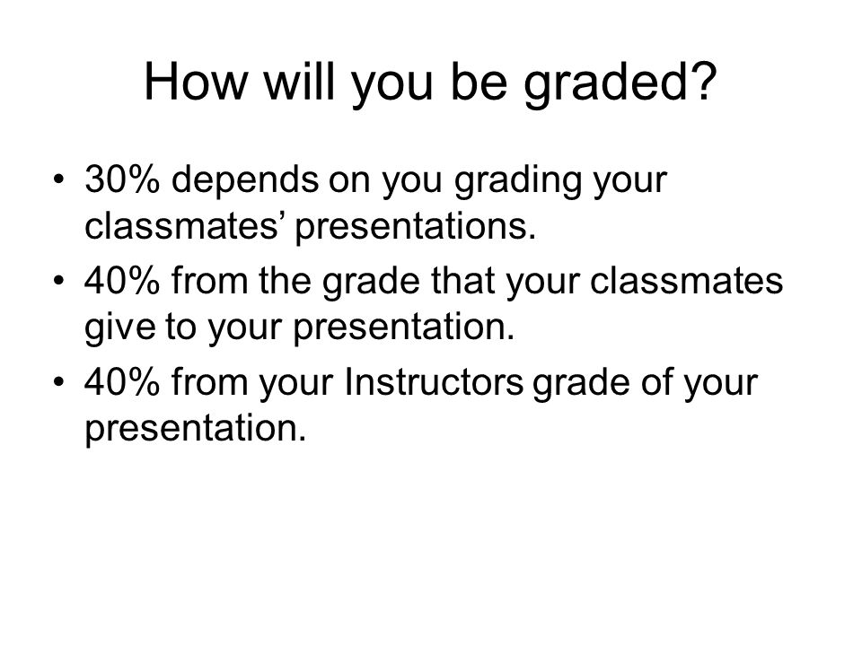 How will you be graded. 30% depends on you grading your classmates’ presentations.