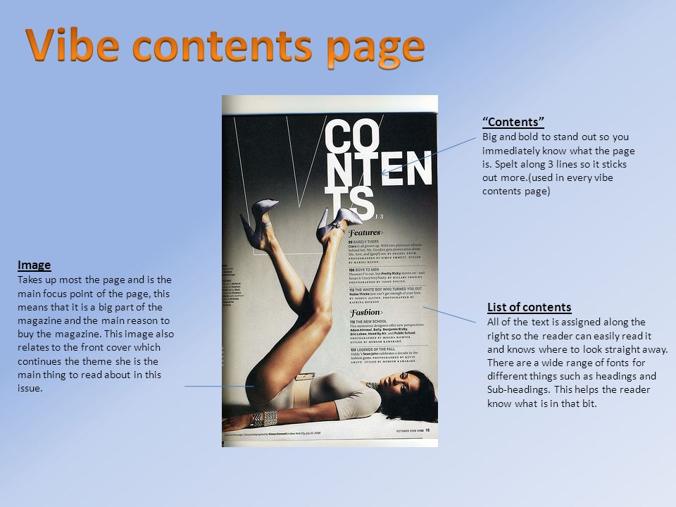 Image Takes up most the page and is the main focus point of the page, this means that it is a big part of the magazine and the main reason to buy the magazine.
