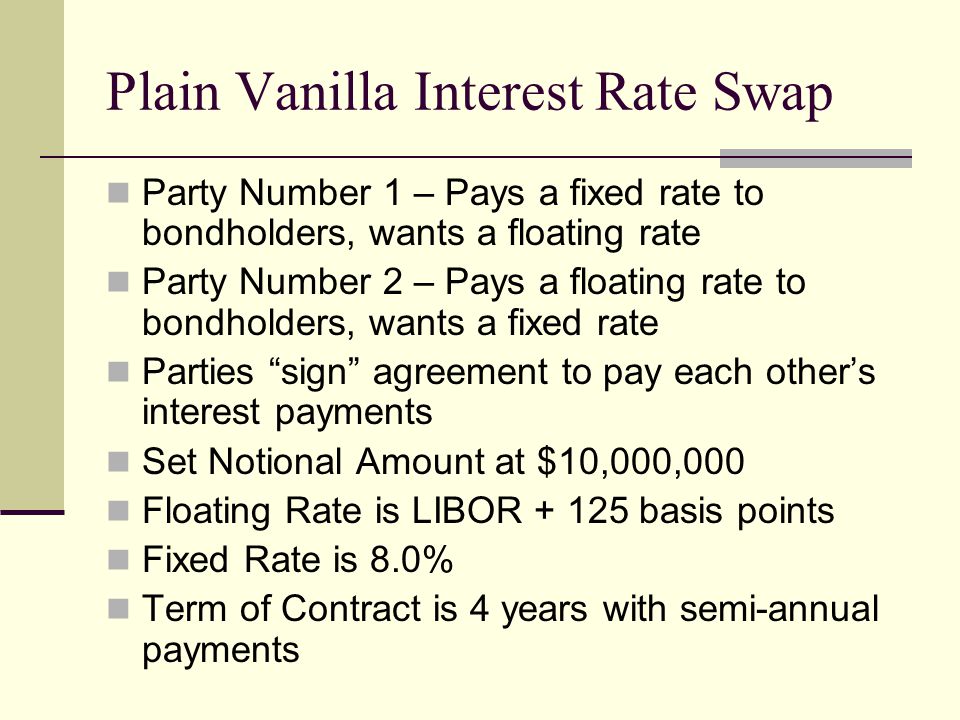 Plain Vanilla Interest Rate Swap Party Number 1 – Pays a fixed rate to bondholders, wants a floating rate Party Number 2 – Pays a floating rate to bondholders, wants a fixed rate Parties sign agreement to pay each other’s interest payments Set Notional Amount at $10,000,000 Floating Rate is LIBOR basis points Fixed Rate is 8.0% Term of Contract is 4 years with semi-annual payments