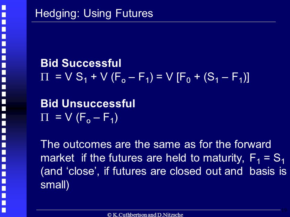 © K.Cuthbertson and D.Nitzsche 19 Bid Successful  = V S 1 + V (F o – F 1 ) = V [F 0 + (S 1 – F 1 )] Bid Unsuccessful  = V (F o – F 1 ) The outcomes are the same as for the forward market if the futures are held to maturity, F 1 = S 1 (and ‘close’, if futures are closed out and basis is small) Hedging: Using Futures