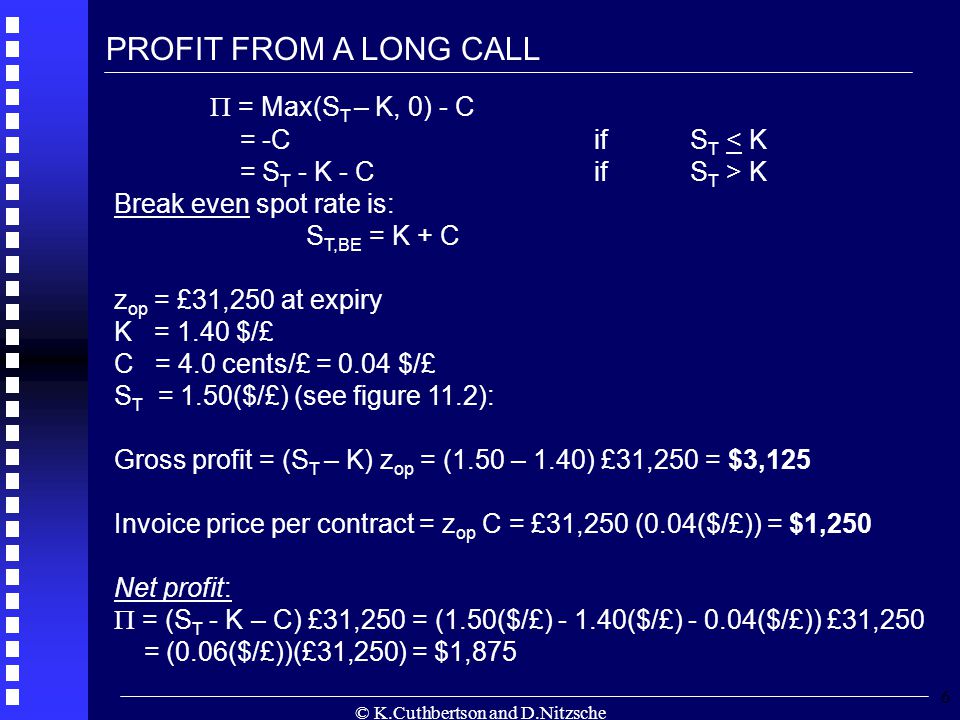 © K.Cuthbertson and D.Nitzsche 6  = Max(S T – K, 0) - C = -CifS T < K = S T - K - CifS T > K Break even spot rate is: S T,BE = K + C z op = £31,250 at expiry K = 1.40 $/£ C = 4.0 cents/£ = 0.04 $/£ S T = 1.50($/£) (see figure 11.2): Gross profit = (S T – K) z op = (1.50 – 1.40) £31,250 = $3,125 Invoice price per contract = z op C = £31,250 (0.04($/£)) = $1,250 Net profit:  = (S T - K – C) £31,250 = (1.50($/£) ($/£) ($/£)) £31,250 = (0.06($/£))(£31,250) = $1,875 PROFIT FROM A LONG CALL