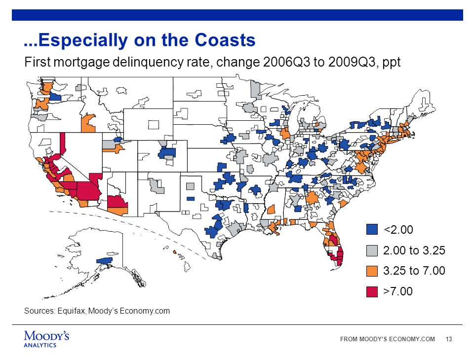 FROM MOODY’S ECONOMY.COM13...Especially on the Coasts First mortgage delinquency rate, change 2006Q3 to 2009Q3, ppt Sources: Equifax, Moody’s Economy.com < to to 7.00 >7.00