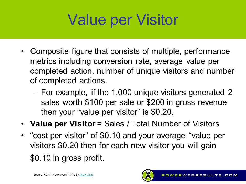 Value per Visitor Composite figure that consists of multiple, performance metrics including conversion rate, average value per completed action, number of unique visitors and number of completed actions.