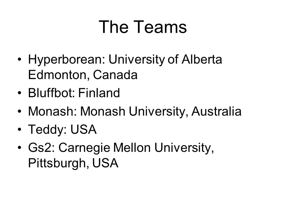 The Teams Hyperborean: University of Alberta Edmonton, Canada Bluffbot: Finland Monash: Monash University, Australia Teddy: USA Gs2: Carnegie Mellon University, Pittsburgh, USA